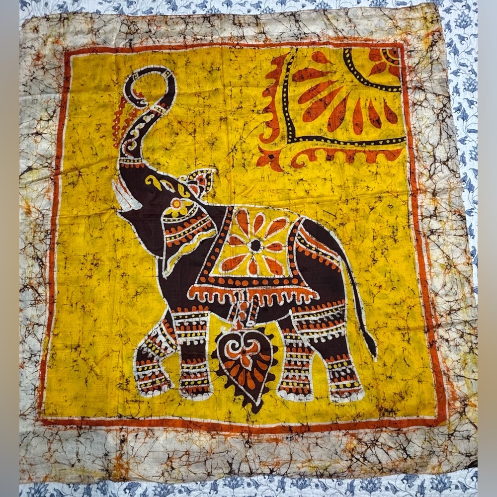 Vintage Batik Elephant Silk Scarf ~34”x34” Wonder Loom India Boho Textile Decor